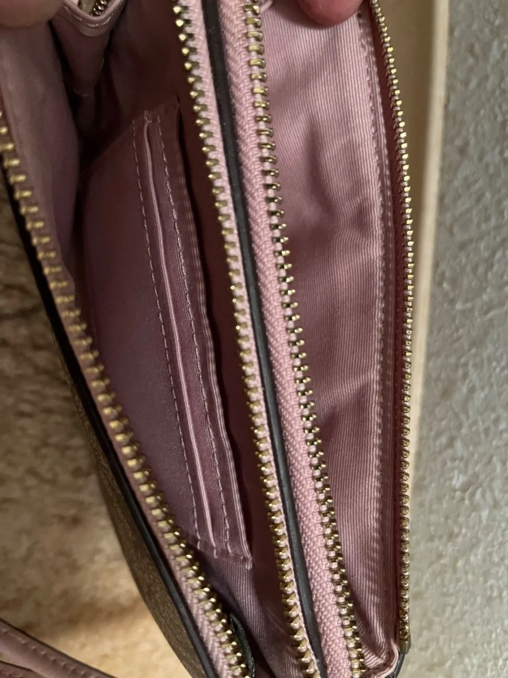 Coach Double Corner Zip Wristlet Wallet In Khaki/Pink Signature Canvas